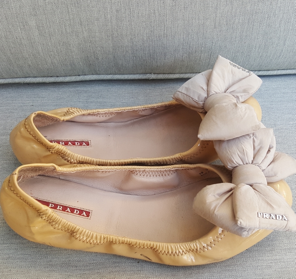 Prada Patent Leather Nylon Bow Ballerina Flats Size 39